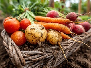 A fresh harvest of vibrant vegetables including tomatoes, carrots, and radishes, presented in a rustic woven basket, showcasing the bounty of nature's garden.