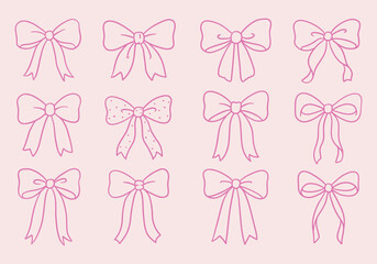 Hand drawn vector set of pink decorative bows in outline style. Perfect for gift wrapping, packaging, greeting cards, invitations, scrapbooking, branding and festive design projects