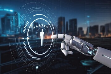 Futuristic robot finger interacting with digital human interface glowing cityscape background
