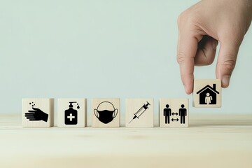 Hand places house icon on blocks representing health and safety measures during pandemic