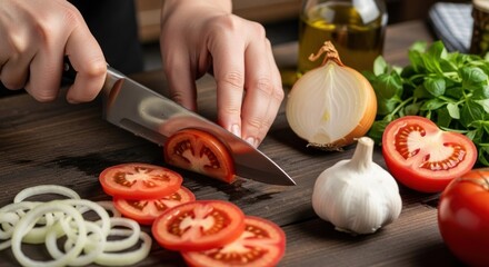 A person slicing a tomato on a wooden cutting board with a knife, surrounded by fresh vegetables and herbs.