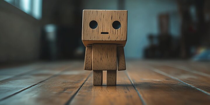 Small Wooden Robot Figure Standing on Wooden Floor in Dimly Lit Room