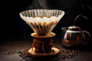 Hot water pouring from a kettle into a coffee filter on a wooden base with fresh coffee beans scattered around
