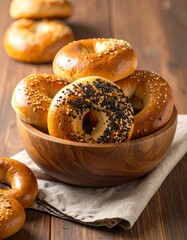 Fresh bagels in a wooden bowl