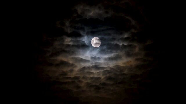 Full moon on a dark cloudy night with clouds flying in front of the moon like in thrillers and horror movies. Dark night sky, black clouds. Real shooting