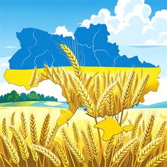Ukrainian wheat field.  Map of Ukraine overlaid on a golden wheat field