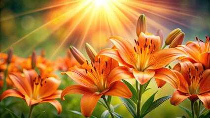 Vibrant orange lilies with colorful light rays in background