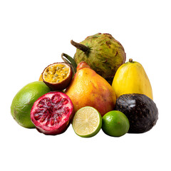Mixed exotic fruit medley, white isolated background