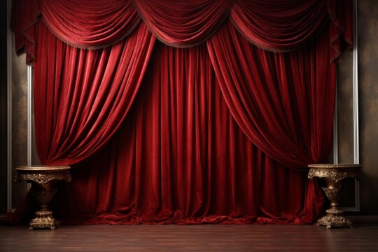 Luxurious red velvet curtains are covering a theater stage with elegant vintage furniture and dark wooden floor