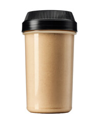 A clear plastic jar with a black lid filled with a light brown powder, isolated on transparent background