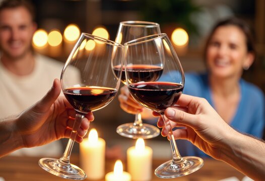 Toasting glasses of red wine in a warm candlelit dinner - Powered by Adobe