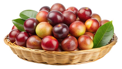 A woven basket overflowing with fresh ripe plums and green leaves isolated on transparent background