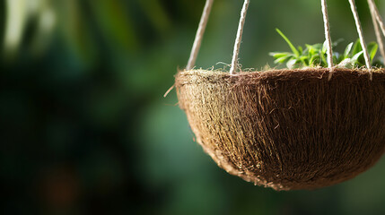 Close up of a coconut husk plant holder filled with green leafy plants with a blurred dark green foliage in the background.