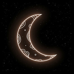 Stylized glowing crescent moon with intricate patterns illuminated against a dark starry night sky