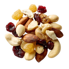 Mixed nuts and dried fruit, white isolated background
