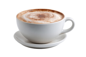 Fototapeta premium A frothy cappuccino with a dusting of cinnamon powder, presented in a white cup and saucer, isolated on transparent background