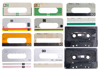 Collection of different paper labels for vintage music cassette audio tapes isolated on transparent background. The labels show signs of wear and have a lot of grunge stains and scratches. 