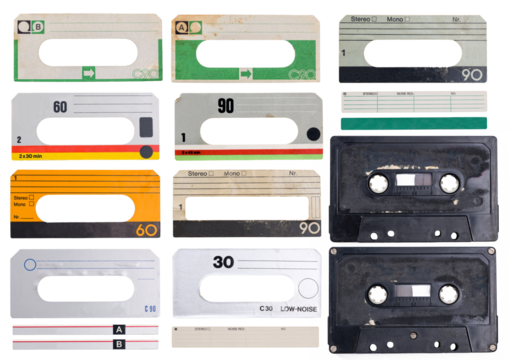 Collection of different paper labels for vintage music cassette audio tapes isolated on transparent background. The labels show signs of wear and have a lot of grunge stains and scratches. 
