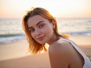 Naklejka premium Warm sunset beach portrait of a smiling woman by the shore