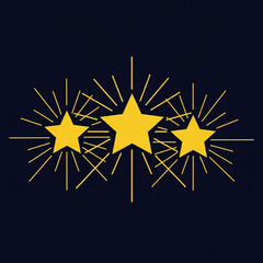 Three yellow five pointed stars emitting radial light rays for rating systems or celebratory graphics
