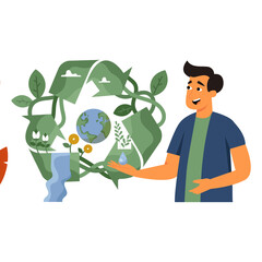 Man Gesturing Towards A Circular Recycling Symbol With Earth Plant Water Droplet And Greenery Over Transparent Background