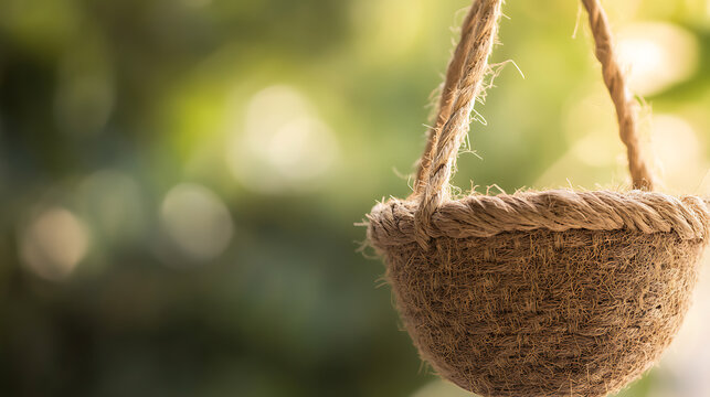 Hanging Fiber Basket: A close-up reveals the intricate texture of a rustic fiber basket suspended against a soft, blurred green backdrop, evoking a sense of natural charm.