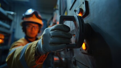 Worker in safety gear operates control lever on industrial machine at night