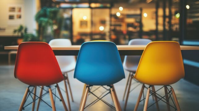 Colorful chairs at a table in modern office