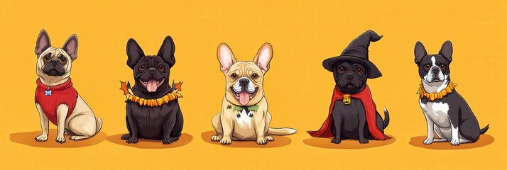 Cute cartoon illustration of five French bulldogs in Halloween costumes sitting in row on orange background festive pet portrait banner with bats pumpkins. Copy space for holiday greeting, web design