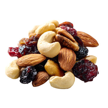 Mixed nuts and dried fruits, white isolated background