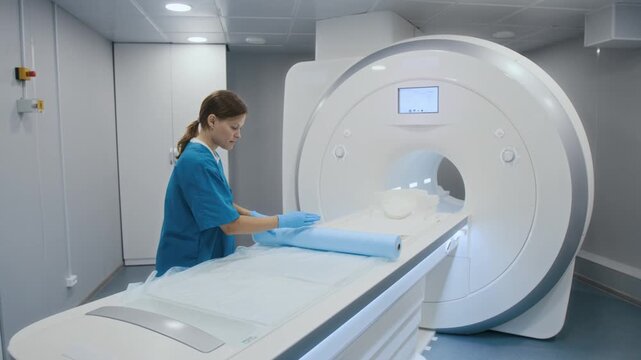 Female medical worker dressed in scrubs spreading hospital bed roll on patient table while preparing MRI machine for upcoming appointment during workday