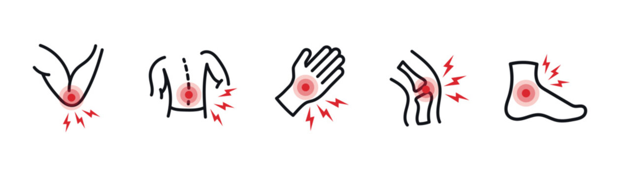 Set of vector icons depicting joint pain. Medical symbols for back, knee, arm, leg, and spine pain. Healthcare and anatomy concept on white background.