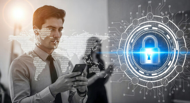 Smartphone User with Glowing Cybersecurity Padlock and Digital World Map Overlay