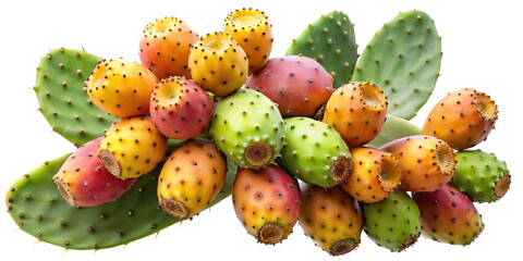 A vibrant assortment of ripe prickly pear cactus fruits in various colors and sizes isolated on transparent background