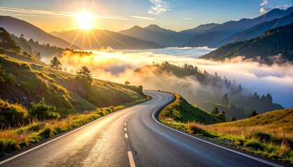 Serene Mountain Road Unfolding Towards a Golden Sunrise Bathed in Misty Haze