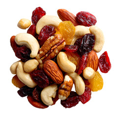 Mixed nuts and dried fruits, white isolated background