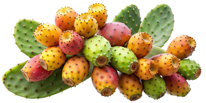 A vibrant assortment of ripe prickly pear cactus fruits in various colors and sizes isolated on transparent background