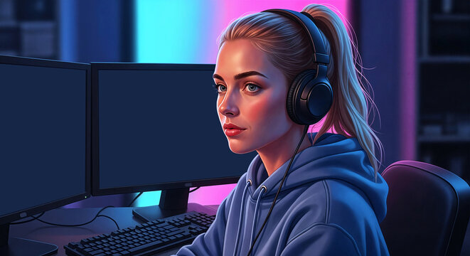 Blonde Gamer in Neon-Lit Room Dual Monitor Streaming Setup Photo
