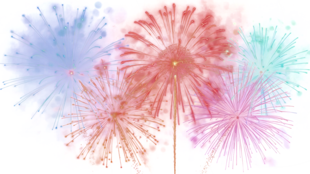 Vibrant colorful bursting fireworks display illuminating the night sky with dazzling light effects isolated on transparent background