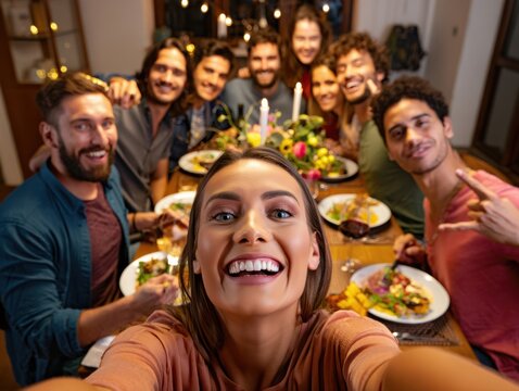 Group selfie at a festive dinner party with vibrant plates and smiles