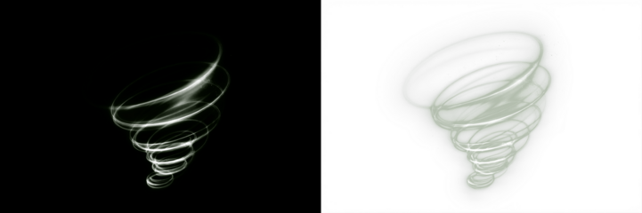 Abstract swirling tornado illustration with dynamic motion effect, featuring contrasting light and dark backgrounds, symbolizing energy and transformation in visual storytelling