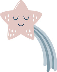 Sleeping star with blue streamers on transparent background.