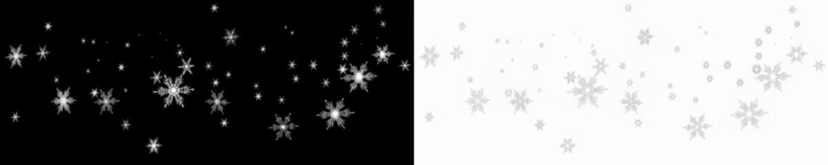 Snowflake overlay illustration featuring delicate white snowflakes on a contrasting black background, creating a magical winter atmosphere for festive designs and seasonal projects