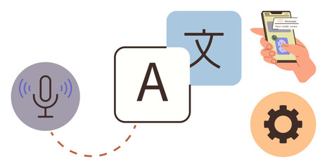 Microphone for voice input, text blocks for translation, mobile screen displaying messages, and gear for settings. Ideal for communication, AI, learning, globalization, technology accessibility