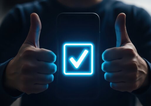 Person giving two thumbs up with a glowing checkmark in a square