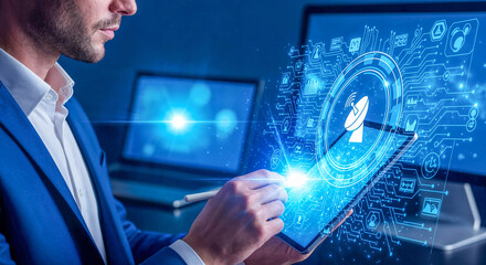 Business Professional Using Tablet with Holographic Satellite Interface Tech photo