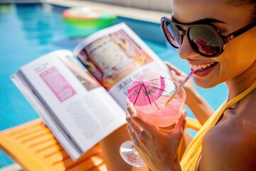 Woman sipping a pink cocktail by a pool, reading a magazine.
