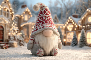 3D Plush Christmas Gnome in Red Hat with Snowflake Pattern Sitting in a Festive Snowy Village Scene