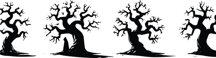 Black and white silhouette illustration of leafless trees, eerie forest landscape, spooky nature design for Halloween, fantasy, or gothic art