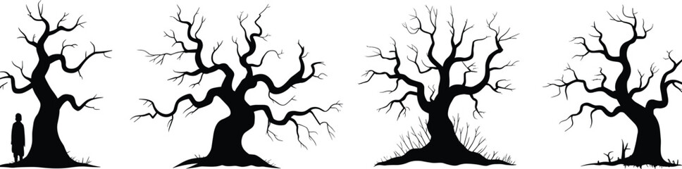 Black and white silhouette illustration of leafless trees, eerie forest landscape, spooky nature design for Halloween, fantasy, or gothic art